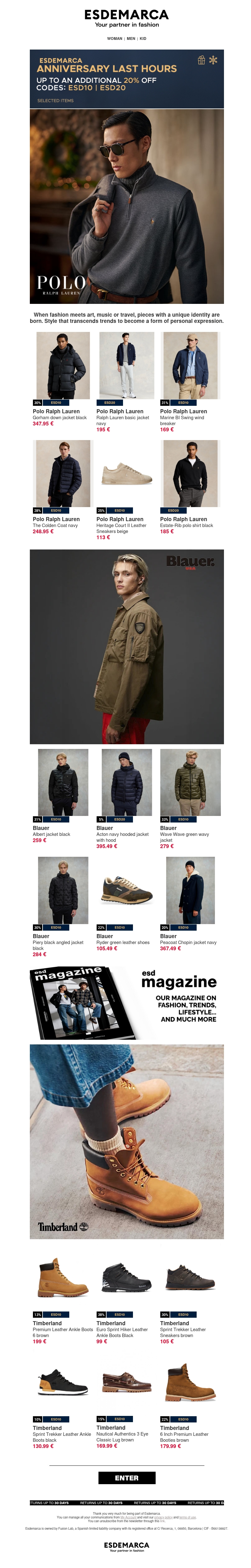 Esdemarca Anniversary: Polo Ralph Lauren, Blauer, and Timberland with up to an extra -20% Esdemarca Anniversary: Polo Ralph Lauren, Blauer, and Timberland with up to an extra -20%