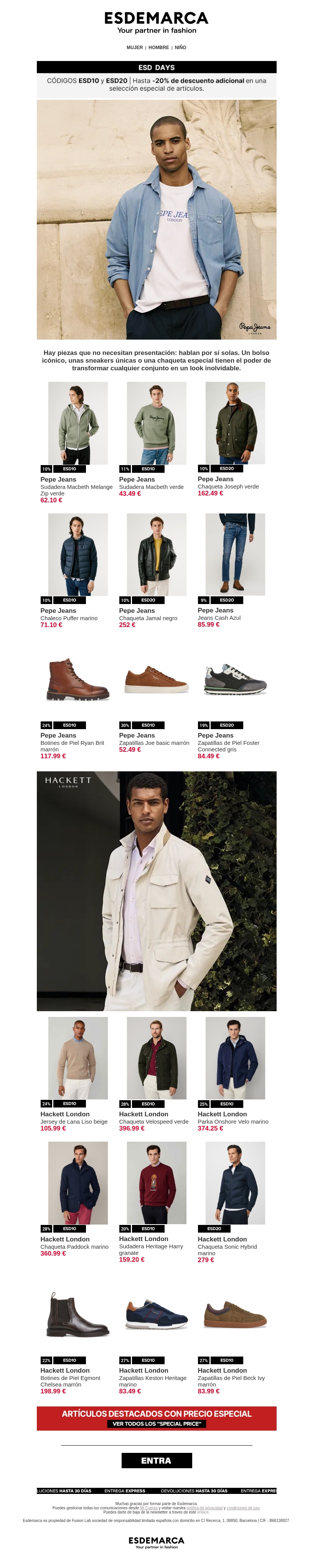 Pepe Jeans y Hackett London con hasta -20% adicional Pepe Jeans y Hackett London con hasta -20% adicional