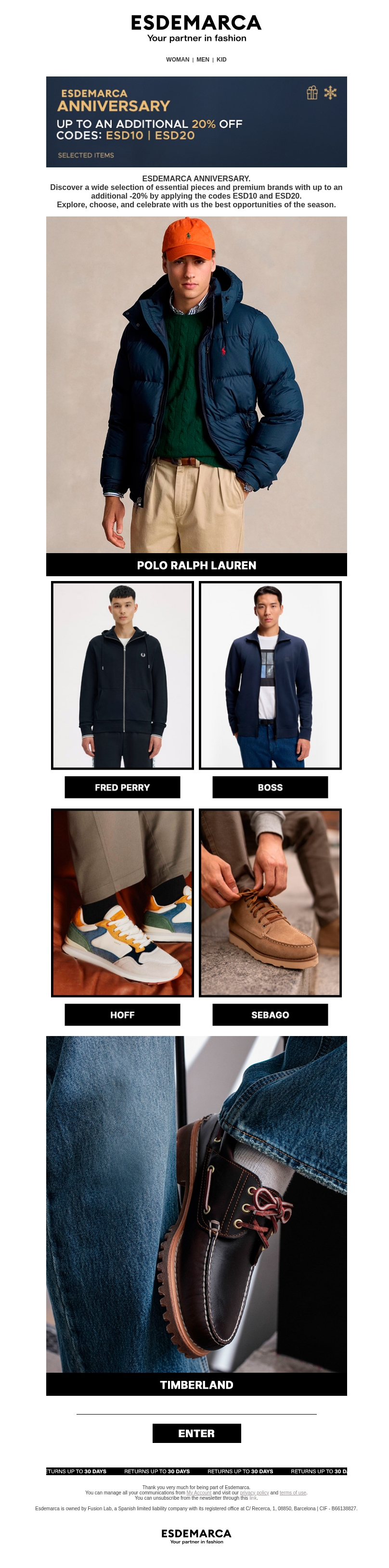 ESDEMARCA ANNIVERSARY: Join the celebration with up to an extra -20% ESDEMARCA ANNIVERSARY: Join the celebration with up to an extra -20%