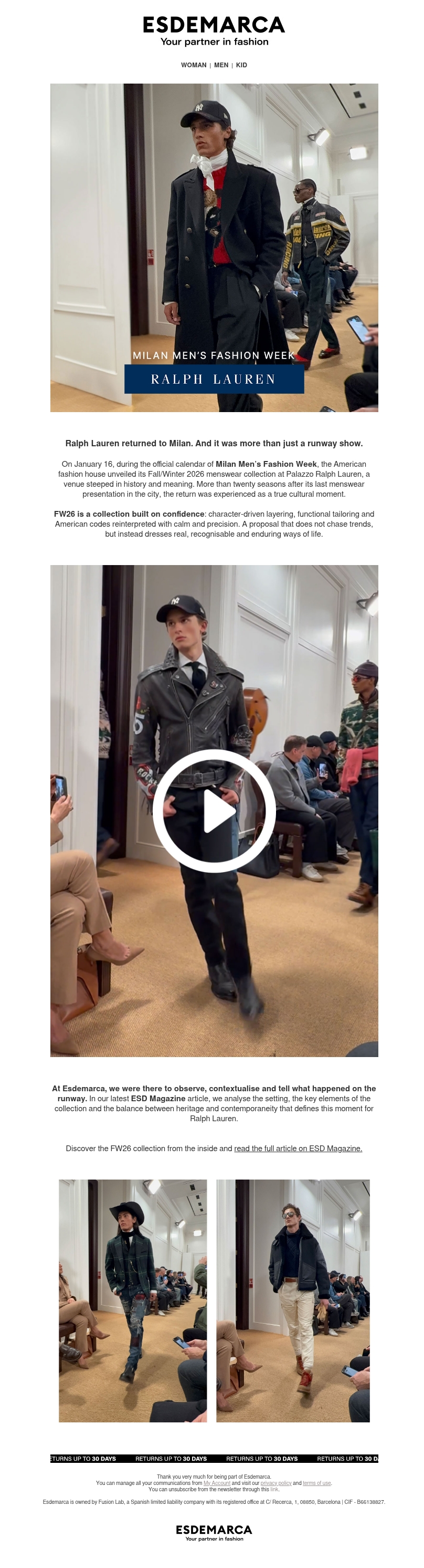 Inside Esdemarca: Milan Men’s Fashion Week. Ralph Lauren FW26 Collection Inside Esdemarca: Milan Men’s Fashion Week. Ralph Lauren FW26 Collection
