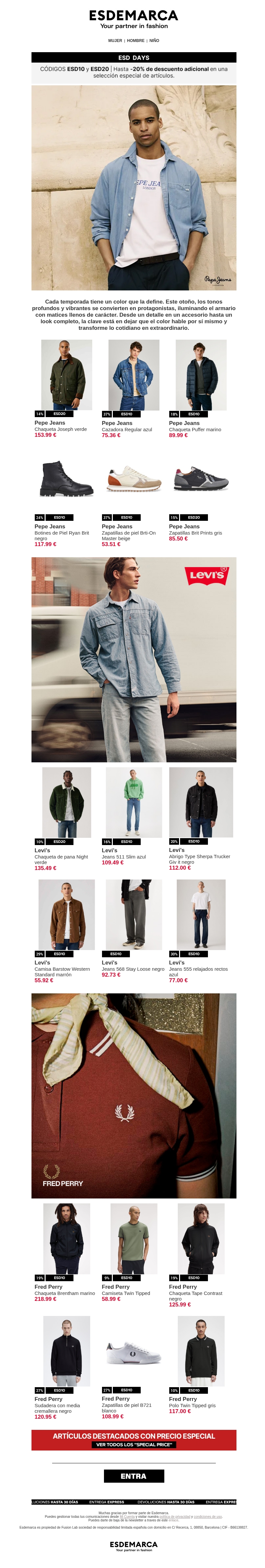 Pepe Jeans, Levi’s y Fred Perry: esencia urbana con hasta -20% adicional Pepe Jeans, Levi’s y Fred Perry: esencia urbana con hasta -20% adicional