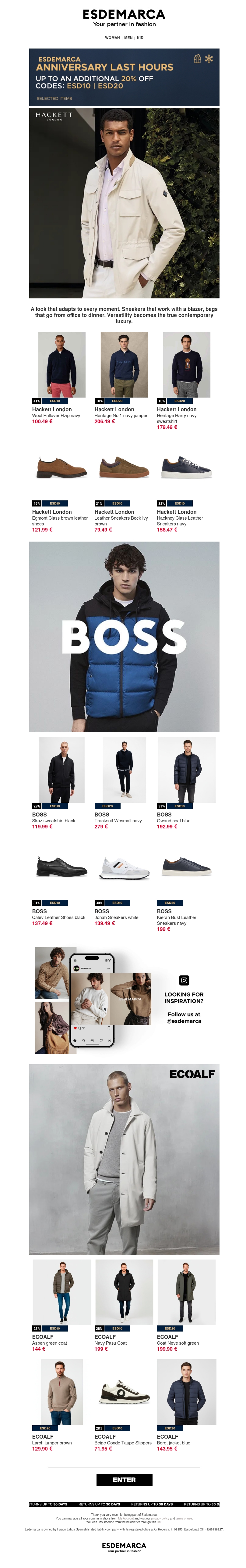 Up to an extra -20% on Hackett London, BOSS, and Ecoalf Up to an extra -20% on Hackett London, BOSS, and Ecoalf