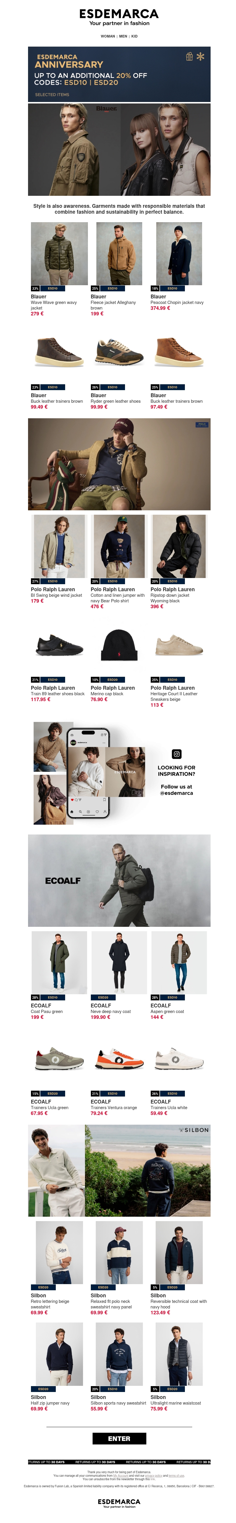 Blauer, Polo Ralph Lauren, Ecoalf, and Silbon with an extra -20% during Anniversary Blauer, Polo Ralph Lauren, Ecoalf, and Silbon with an extra -20% during Anniversary