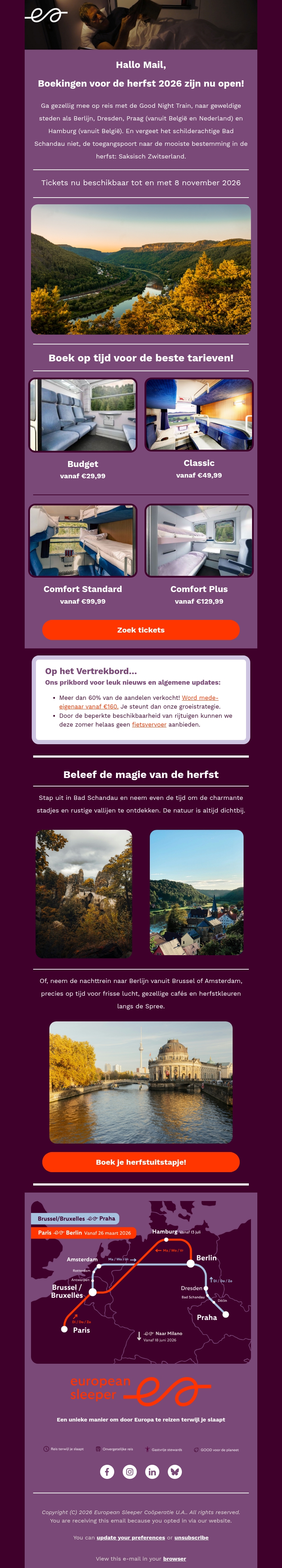 Boek nu je reizen met de nachttrein in de herfst 🍂 Boek nu je reizen met de nachttrein in de herfst 🍂