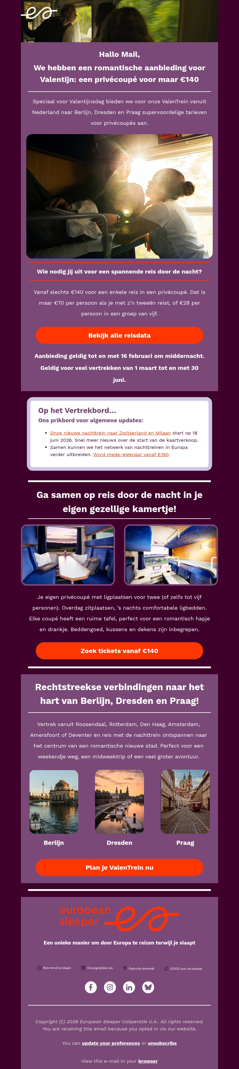 ValenTrein-aanbieding: boek voor €140 een romantische privécoupé 🏹 ValenTrein-aanbieding: boek voor €140 een romantische privécoupé 🏹