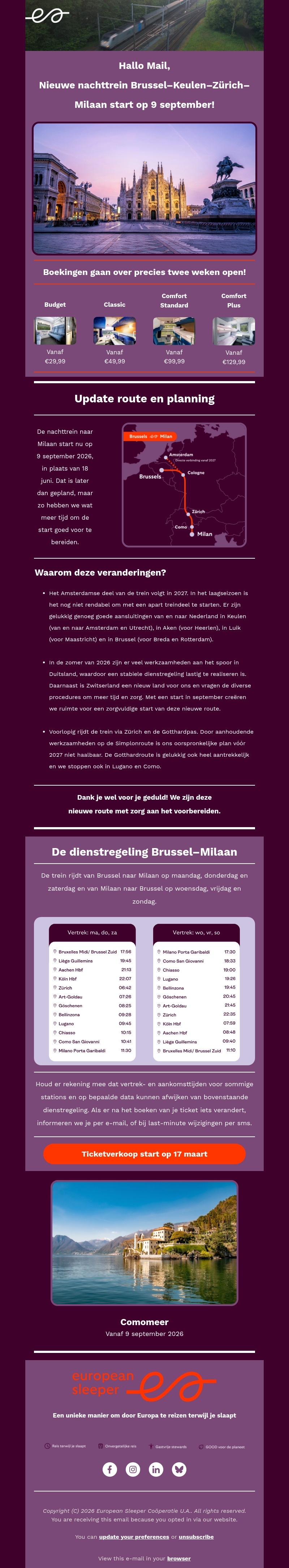 Nieuwe nachttrein naar Milaan start op 9 september🚆 Nieuwe nachttrein naar Milaan start op 9 september🚆