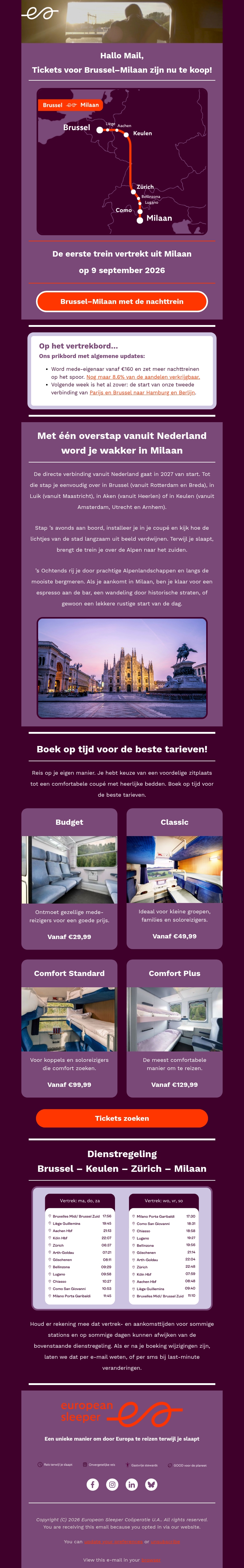 Boekingen open voor nachttrein Brussel–Milaan vanaf €49,99 Boekingen open voor nachttrein Brussel–Milaan vanaf €49,99