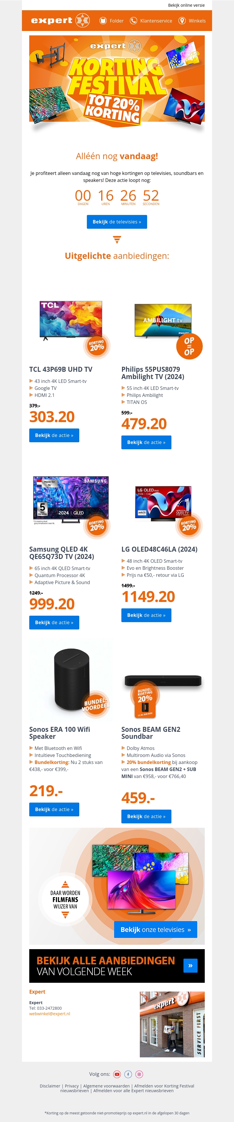 Alléén nog vandaag: 20% korting op TV's en audio! Alléén nog vandaag: 20% korting op TV's en audio!