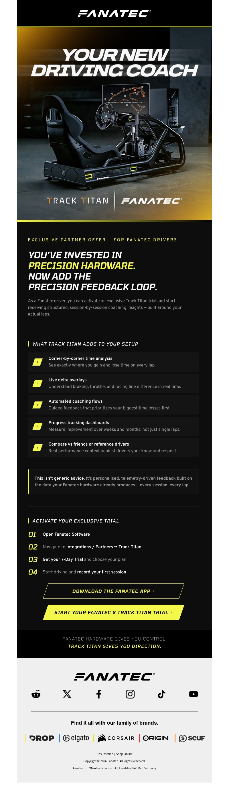 Get Faster with Track Titan: 7-Day Trial in the Fanatec App Get Faster with Track Titan: 7-Day Trial in the Fanatec App
