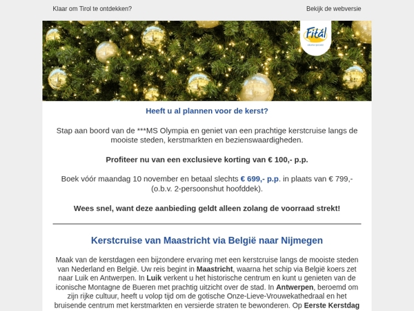 Actie Kerstcruise: 100,- euro korting
