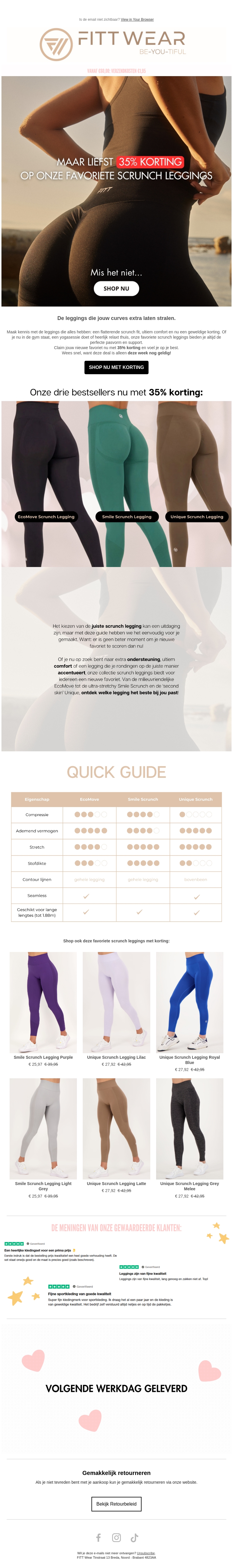 Onze favoriete scrunch leggings nu met maar liefst 35% korting Onze favoriete scrunch leggings nu met maar liefst 35% korting