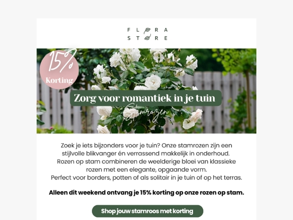 15% korting op onze romantische stamrozen 🌹