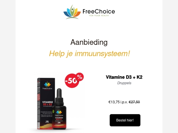 🐳  50% korting op de FreeChoice Vitamine D + K2 druppels