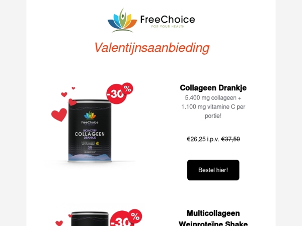 ❤️ Speciale Valentijnsaanbieding op de FreeChoice Collageensupplementen!