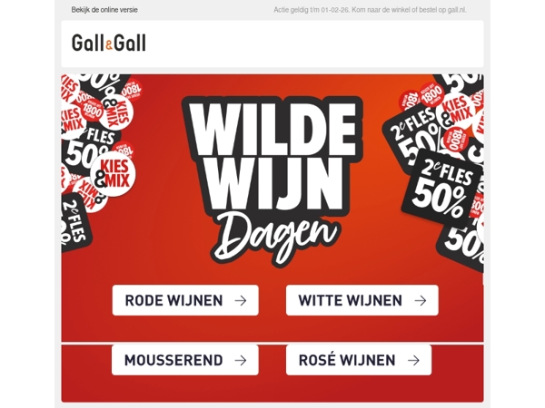 Rood, Wit, Rosé en Mousserend 2e Fles 50% korting!