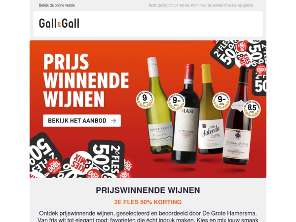 Prijswinnende wijnen, 2e fles 50% korting