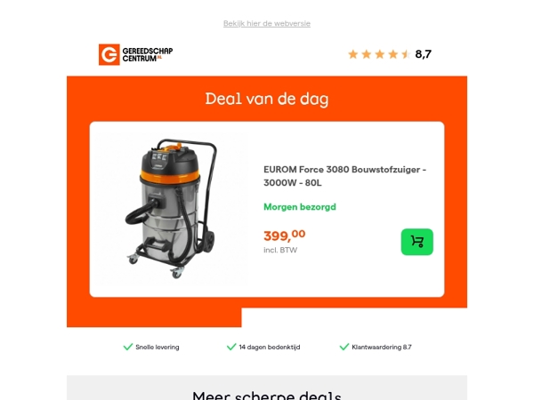 Deal van de dag: EUROM Force 3080 Bouwstofzuiger - 3000W - 80L