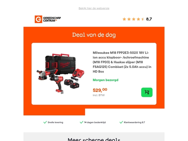 Deal van de dag: Milwaukee M18 FPP2E3-502X 18V Li-ion accu klopboor- /schroefmachine (M18 FPD3) & Haakse slijper (M18 FSAG125) Combiset (2x 5.0Ah accu) in HD Box