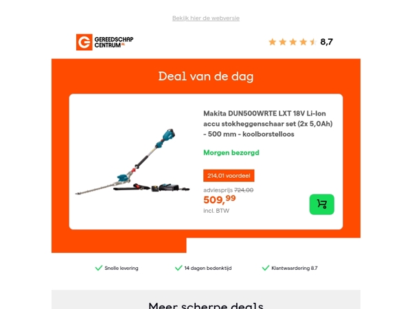 Deal van de dag: - 30% op Makita DUN500WRTE LXT 18V Li-Ion accu stokheggenschaar set (2x 5,0Ah) - 500 mm - koolborstelloos