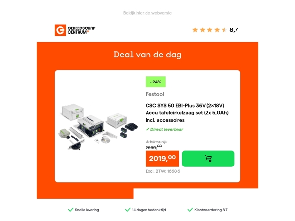 Deal van de dag: - 24% op Festool CSC SYS 50 EBI-Plus 36V (2x18V) Accu tafelcirkelzaag set (2x 5,0Ah) incl. accessoires