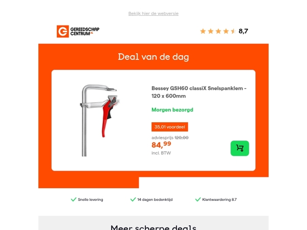 Deal van de dag: - 29% op Bessey GSH60 classiX Snelspanklem - 120 x 600mm