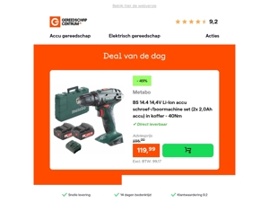 Deal van de dag: - 49% op Metabo BS 14.4 14,4V Li-Ion accu schroef-/boormachine set (2x 2,0Ah accu) in koffer - 40Nm