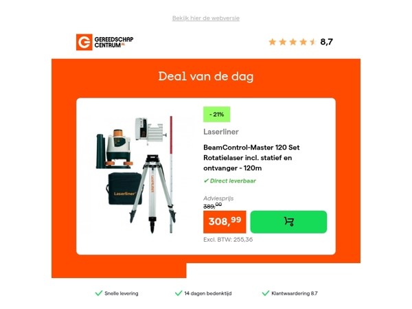 Deal van de dag: - 21% op Laserliner BeamControl-Master 120 Set Rotatielaser incl. statief en ontvanger - 120m