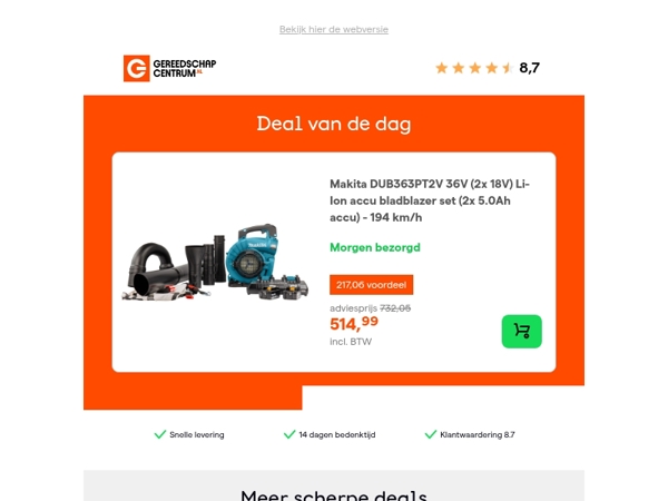 Deal van de dag: - 30% op Makita DUB363PT2V 36V (2x 18V) Li-Ion accu bladblazer set (2x 5.0Ah accu) - 194 km/h