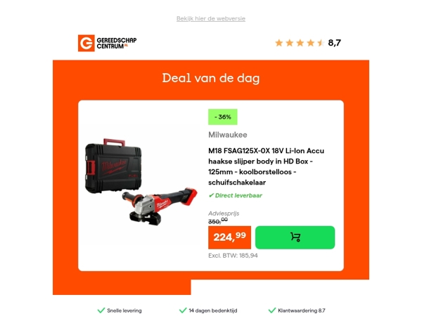 Deal van de dag: - 36% op Milwaukee M18 FSAG125X-0X 18V Li-Ion Accu haakse slijper body in HD Box - 125mm - koolborstelloos - schuifschakelaar