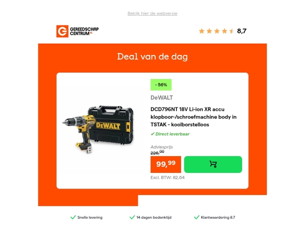 Deal van de dag: - 56% op DeWALT DCD796NT 18V Li-ion XR accu klopboor-/schroefmachine body in TSTAK - koolborstelloos