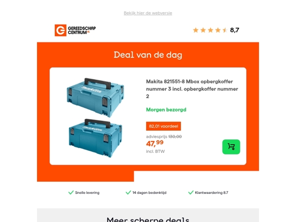 Deal van de dag: - 63% op Makita 821551-8 Mbox opbergkoffer nummer 3 incl. opbergkoffer nummer 2