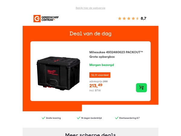 Deal van de dag: - 20% op Milwaukee 4932480623 PACKOUT™ Grote opbergbox