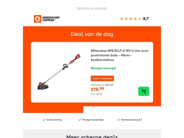 Deal van de dag: - 32% op Milwaukee M18 BLLT-0 18V Li-Ion accu grastrimmer body - 40cm - koolborstelloos