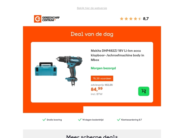 Deal van de dag: - 48% op Makita DHP482ZJ 18V Li-Ion accu klopboor- /schroefmachine body in Mbox