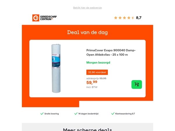 Deal van de dag: - 36% op PrimaCover Evapo 900040 Damp-Open Afdekvlies - 25 x 100 m