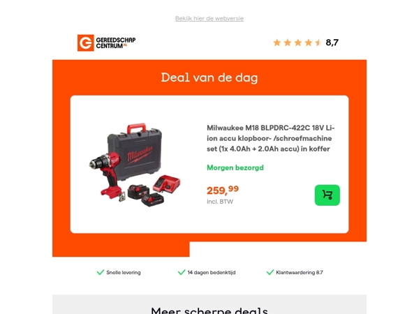 Deal van de dag: Milwaukee M18 BLPDRC-422C 18V Li-ion accu klopboor- /schroefmachine set (1x 4.0Ah + 2.0Ah accu) in koffer
