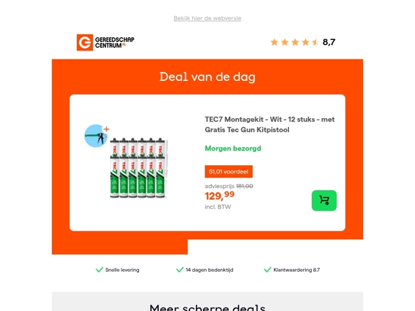 Deal van de dag: - 28% op TEC7 Montagekit - Wit - 12 stuks - met Gratis Tec Gun Kitpistool