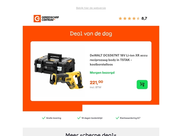 Deal van de dag: DeWALT DCS367NT 18V Li-ion XR accu reciprozaag body in TSTAK - koolborstelloos