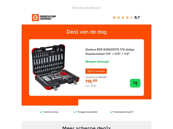 Deal van de dag: - 52% op Gedore RED R45603172 172-delige Dopsleutelset 1/4” + 3/8” + 1/2"