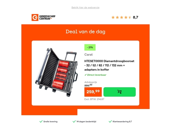 Deal van de dag: - 21% op Carat HTESET0000 Diamantdroogboorset - 32 / 52 / 82 / 112 / 132 mm + adapters in koffer