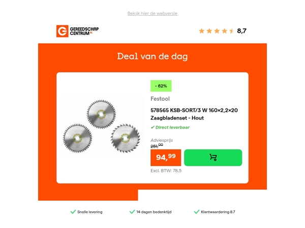 Deal van de dag: - 62% op Festool 578565 KSB-SORT/3 W 160x2,2x20 Zaagbladenset - Hout