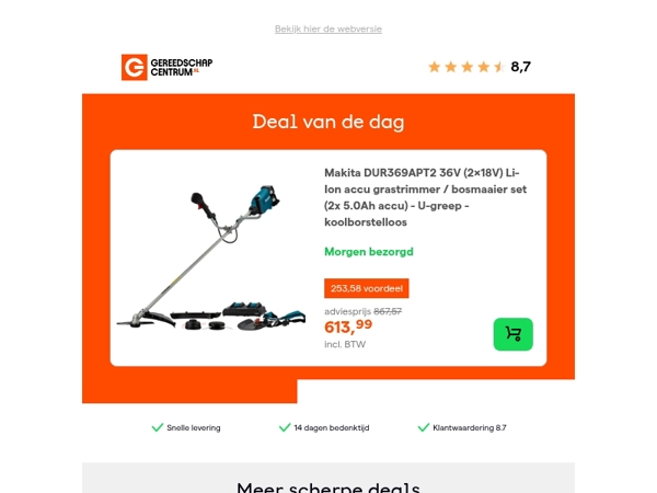 Deal van de dag: - 29% op Makita DUR369APT2 36V (2x18V) Li-Ion accu grastrimmer / bosmaaier set (2x 5.0Ah accu) - U-greep - koolborstelloos