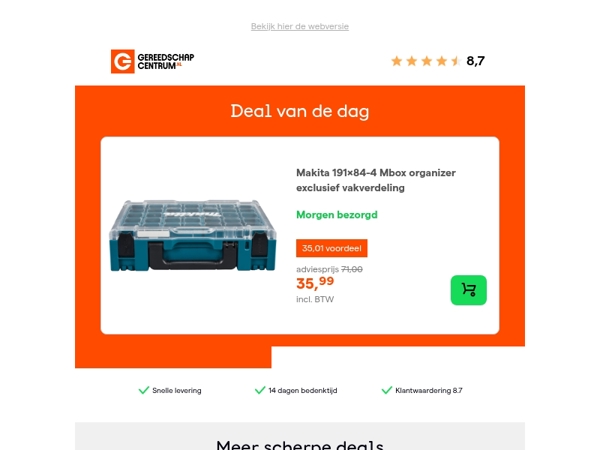 Deal van de dag: - 49% op Makita 191x84-4 Mbox organizer exclusief vakverdeling