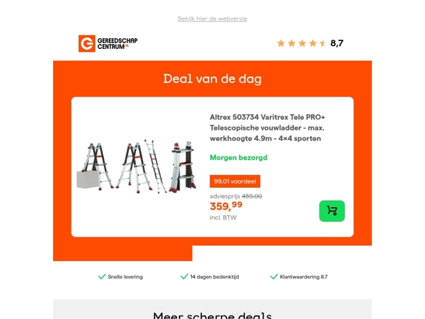 Deal van de dag: - 22% op Altrex 503734 Varitrex Tele PRO+ Telescopische vouwladder - max. werkhoogte 4.9m - 4x4 sporten
