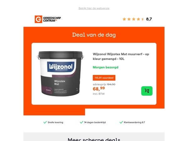 Deal van de dag: - 63% op Wijzonol Wijzotex Mat muurverf - op kleur gemengd - 10L