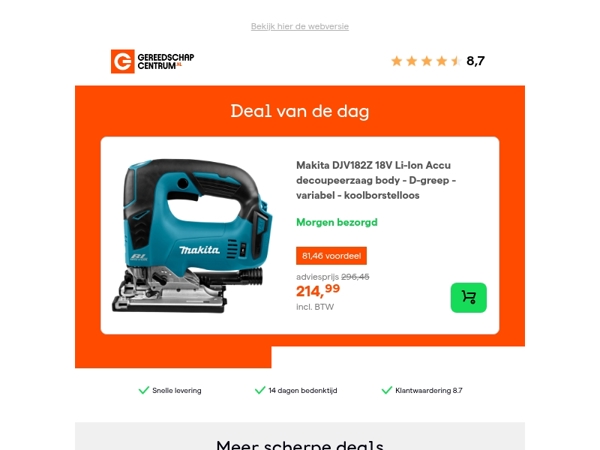 Deal van de dag: - 27% op Makita DJV182Z 18V Li-Ion Accu decoupeerzaag body - D-greep - variabel - koolborstelloos