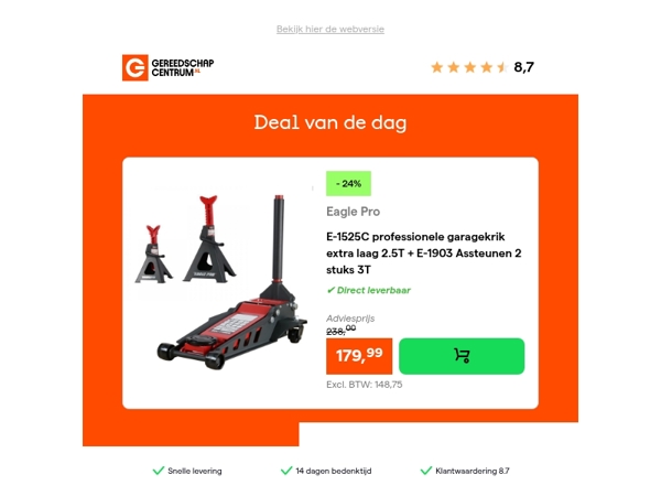 Deal van de dag: - 24% op Eagle Pro E-1525C professionele garagekrik extra laag 2.5T + E-1903 Assteunen 2 stuks 3T