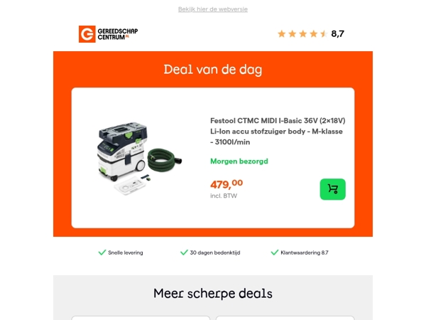 Deal van de dag: Festool CTMC MIDI I-Basic 36V (2x18V) Li-Ion accu stofzuiger body - M-klasse - 3100l/min