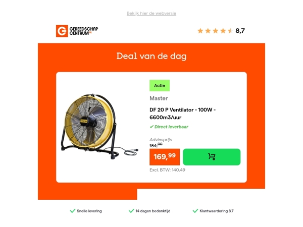 Deal van de dag: Master DF 20 P Ventilator - 100W - 6600m3/uur