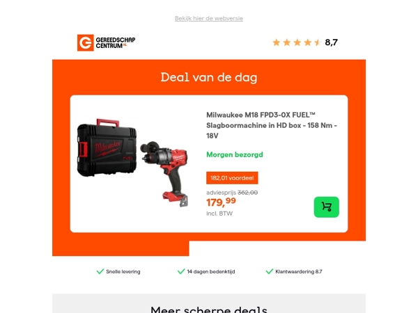 Deal van de dag: - 50% op Milwaukee M18 FPD3-0X FUEL™ Slagboormachine in HD box - 158 Nm - 18V